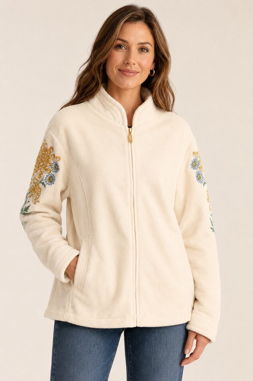 Vintage Bob Mackie Wearable Art Embroidered Floral Fleece Jacket 1X